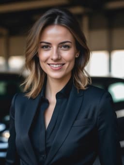 photo professionnelle ia de Femme en costume noir sur fond de garage