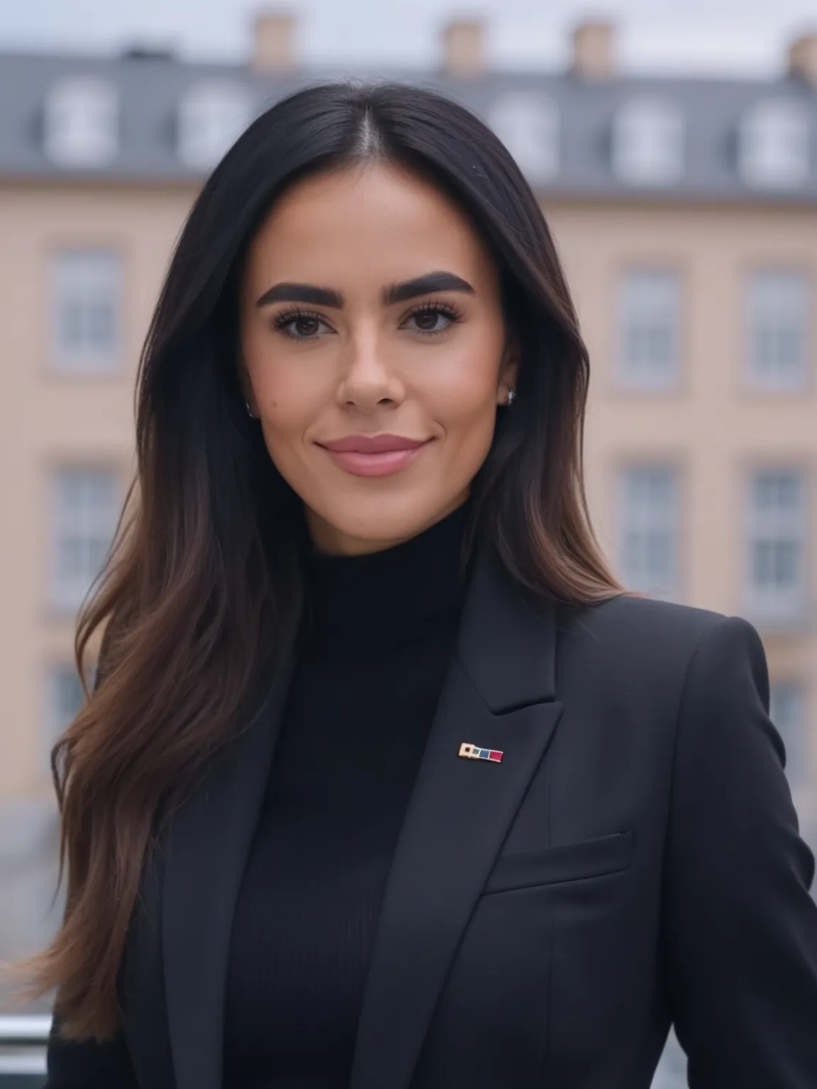 Portrait professionnel IA de femme en costume noir, ambiance ville de nuit fait avec PhotoMaintenant