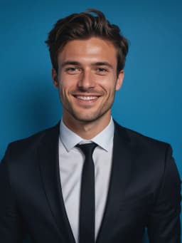 photo professionnelle ia de Homme en costume noir sur fond bleu