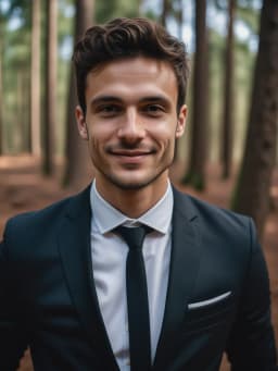 ia photo pro de Homme en costume noir sur fond de forêt