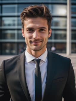 ia photo pro de Homme en costume noir sur fond d'immeuble