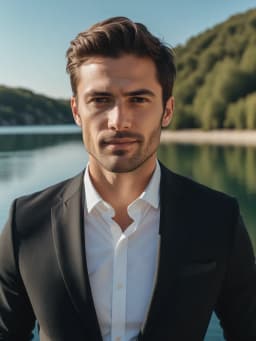 photo professionnelle ia de Homme en costume noir sur fond de lac