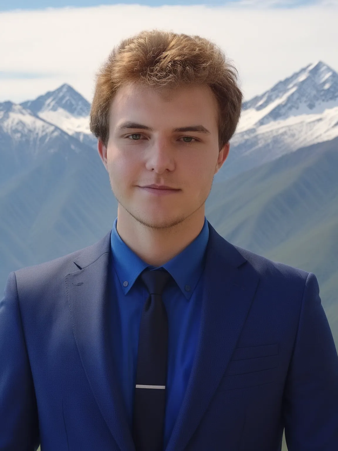 Photo IA d'un homme en costume bleu, décor naturel de montagne par PhotoMaintenant