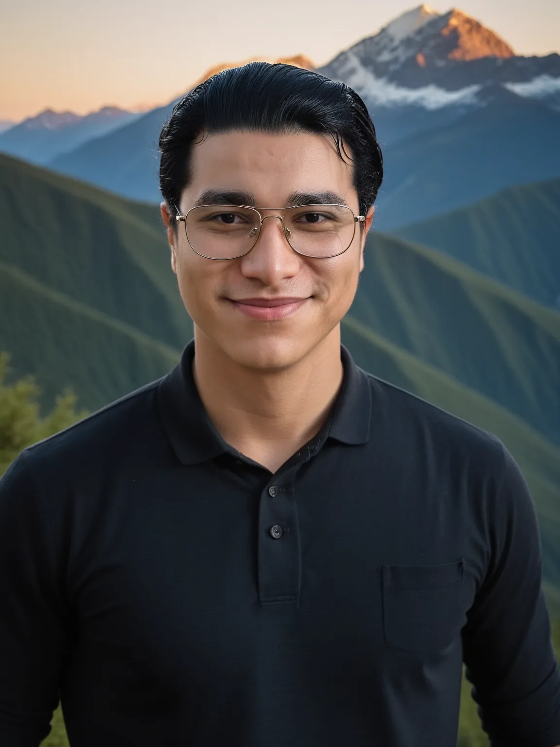 Image IA d'un homme en pull noir, ambiance montagneuse