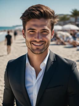 ia photo pro de Homme en costume noir sur fond de plage