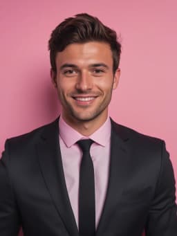 ia photo pro de Homme en costume noir sur fond rose