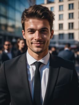 photo professionnelle ia de Homme en costume noir avec un fond urbain