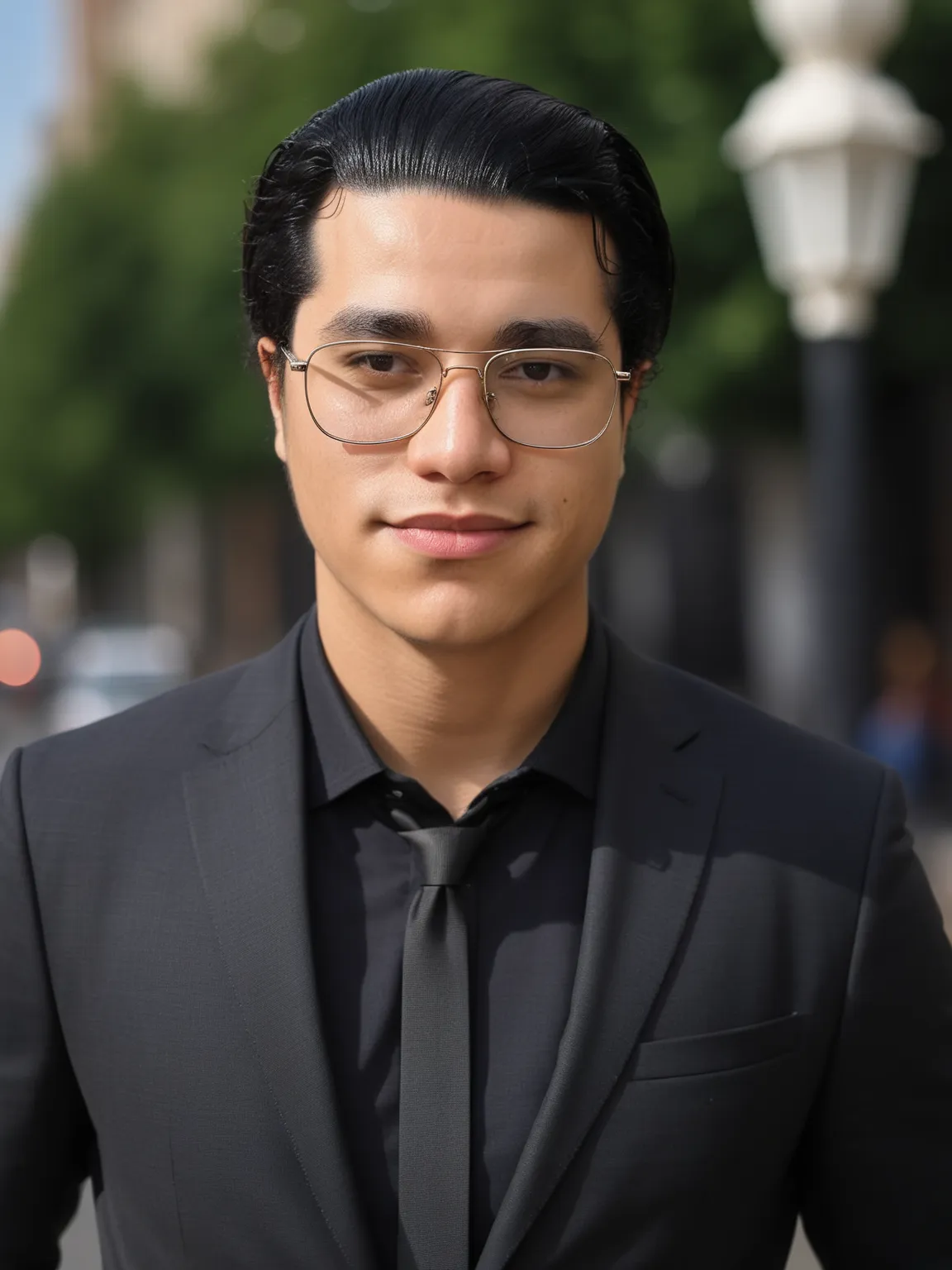 Photo IA pro d'un homme en costume noir avec une vue sur la ville