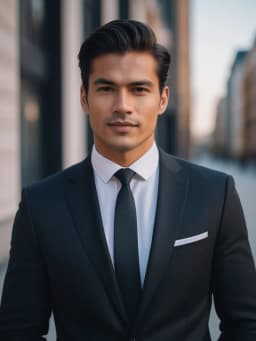 Portrait professionnel IA par PhotoMaintenant d'un utilisateur homme en costume noir devant un immeuble