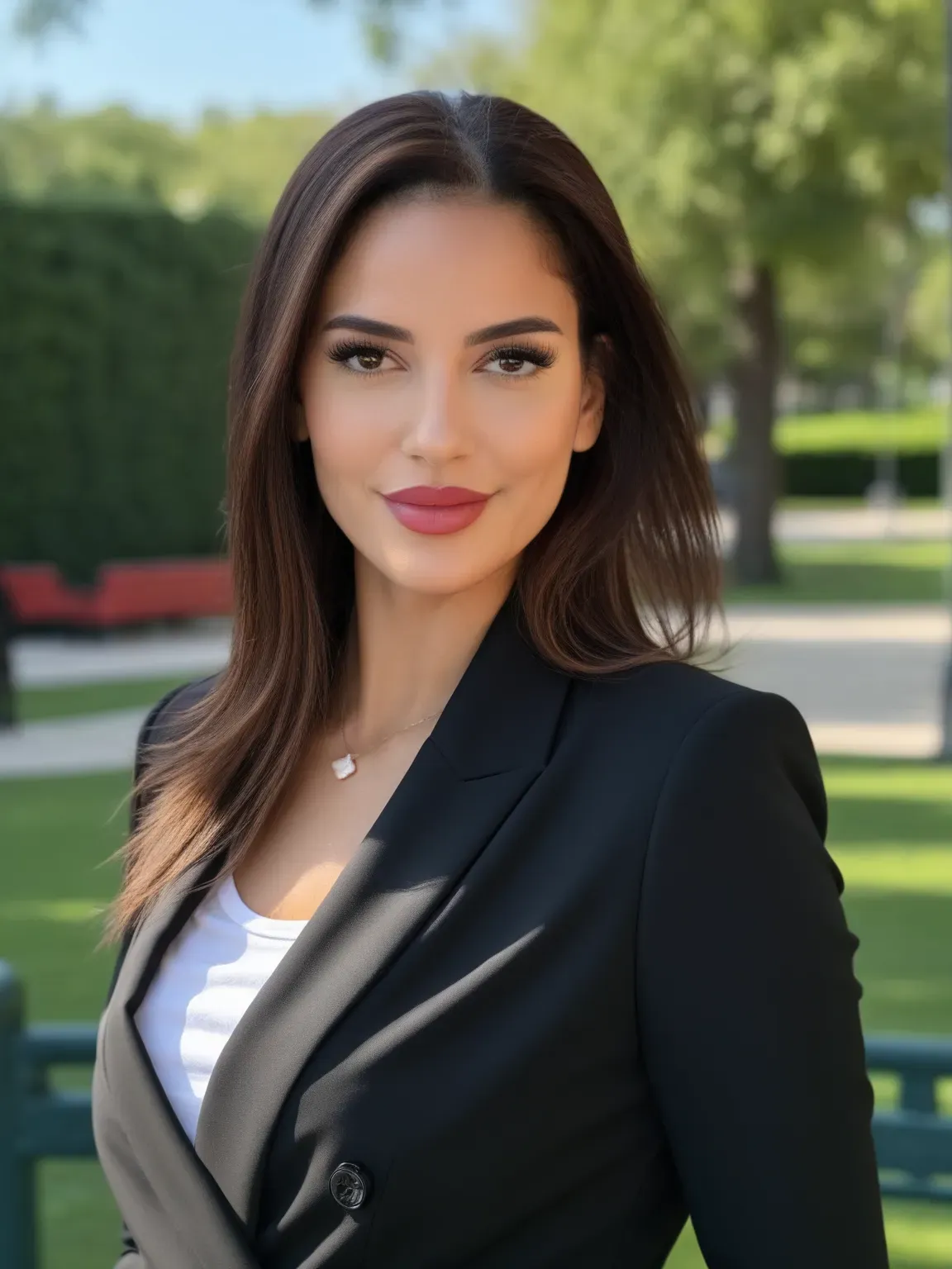 Photo professionnelle IA, Femme , Arriere plan Parc, costume Noir