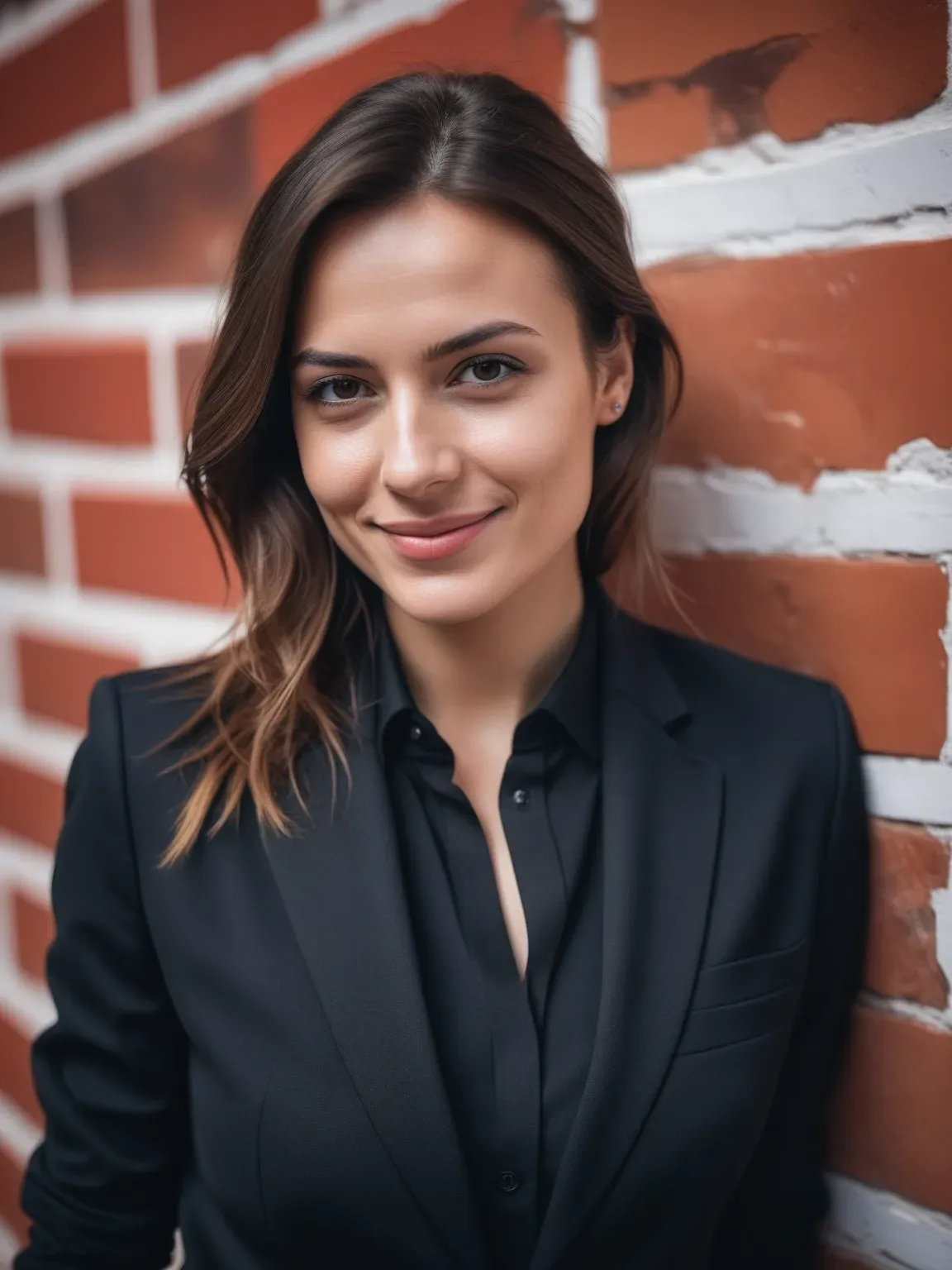 Ia photo de Femme en costume noir sur fond de brique rouge