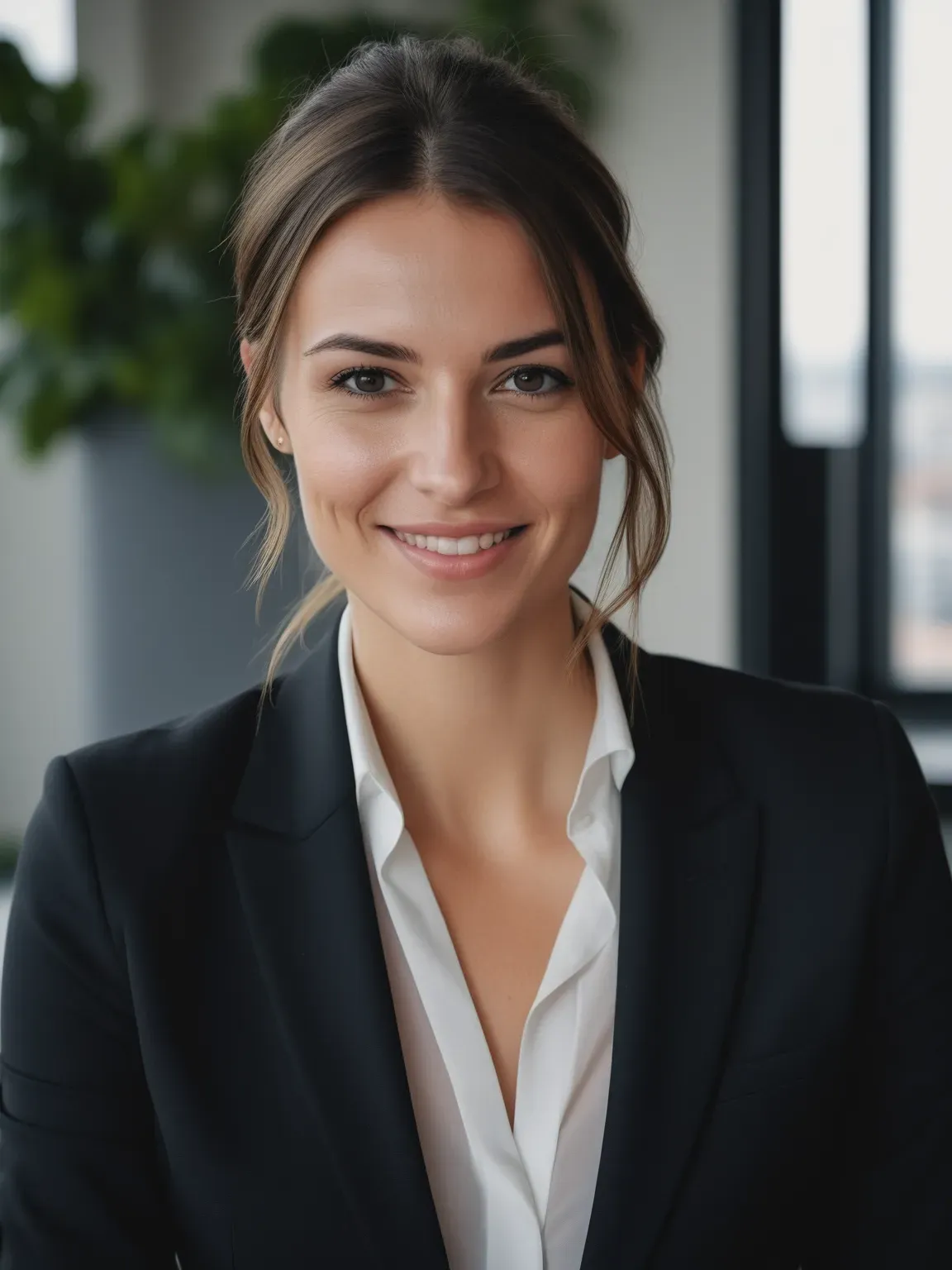 Ia photo pro de Femme en costume noir sur fond de bureau