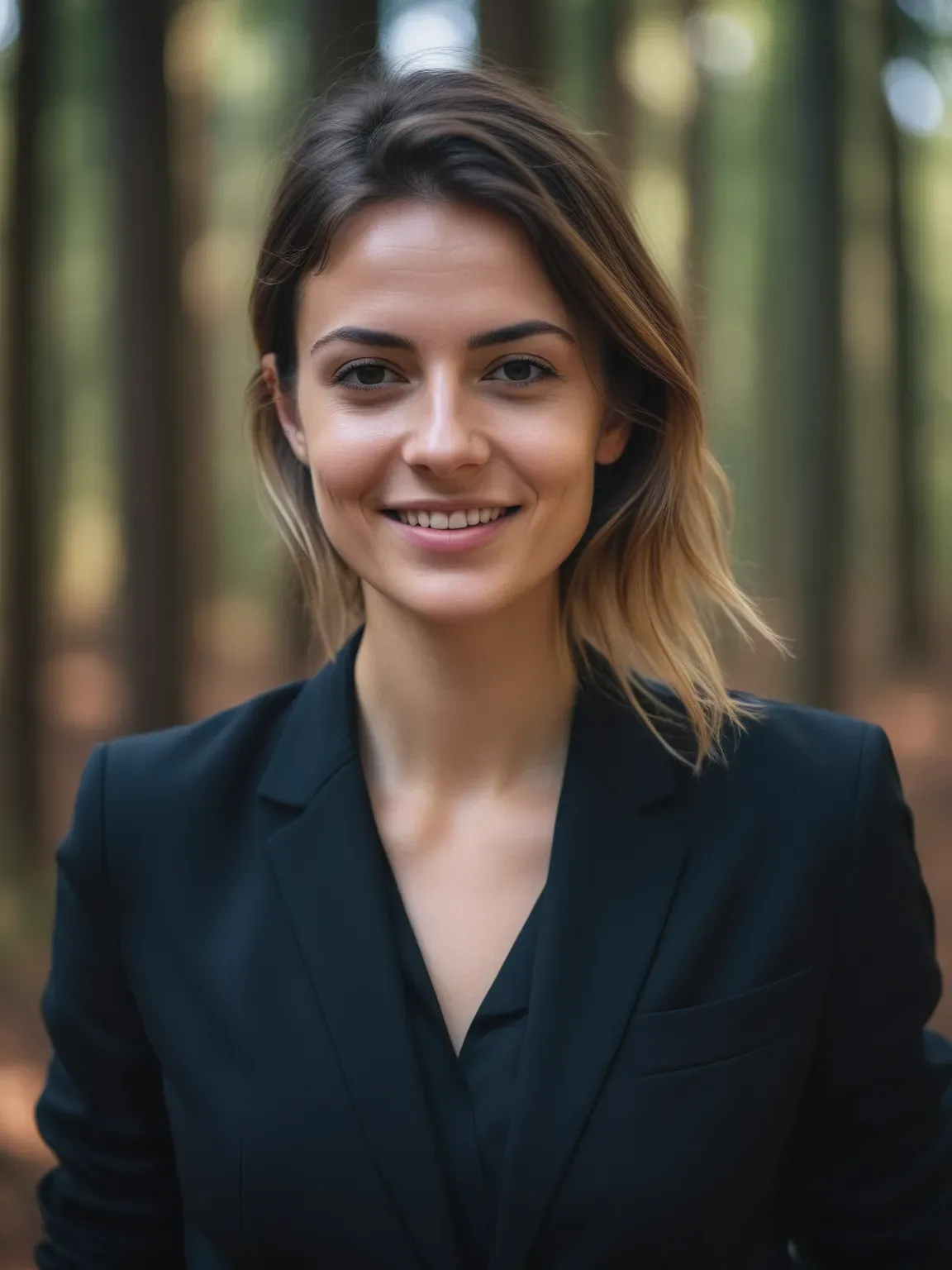 Photo professionnelle ia de Femme en costume noir sur fond de forêt
