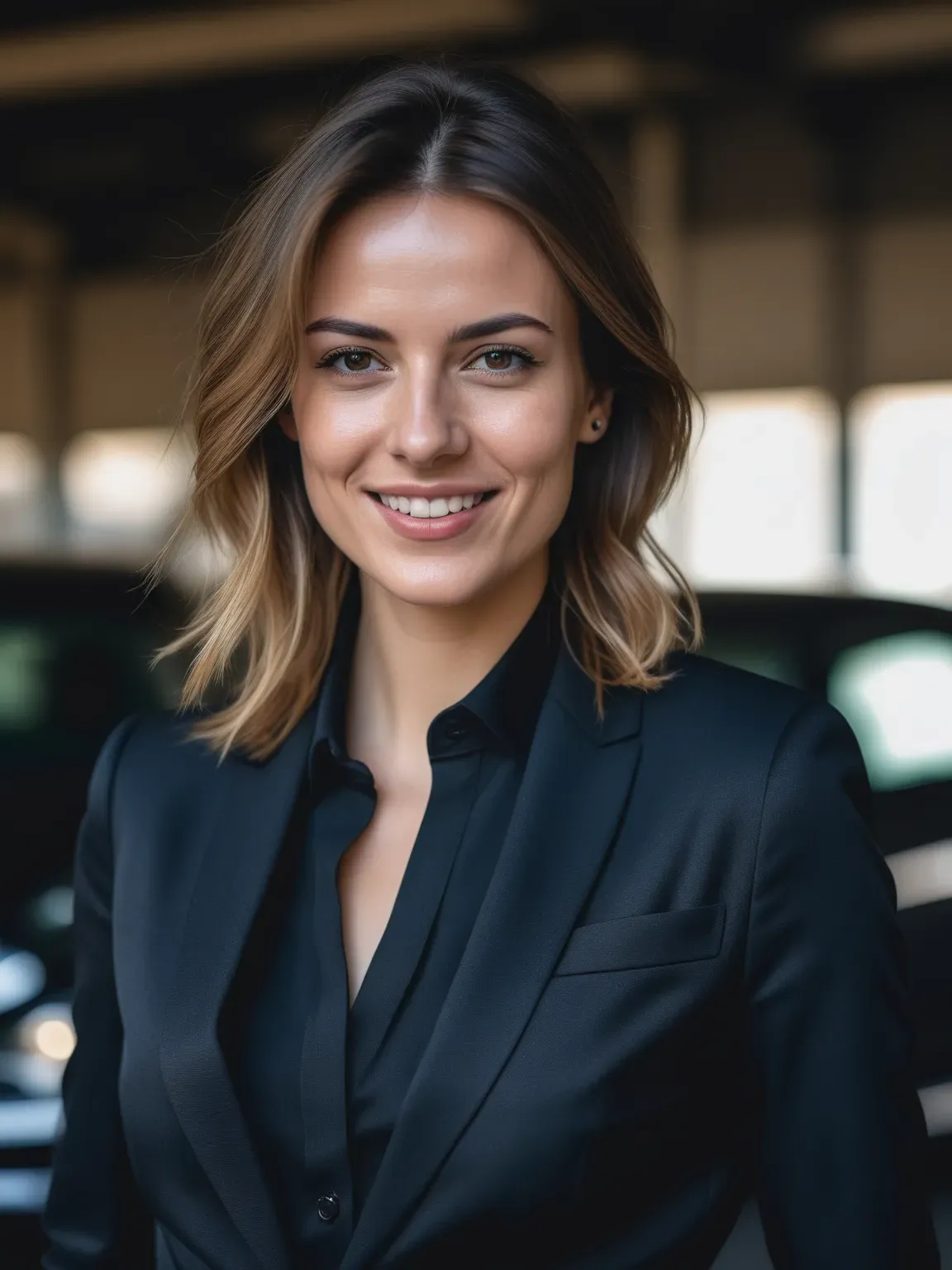 Photo professionnelle ia de Femme en costume noir sur fond de garage