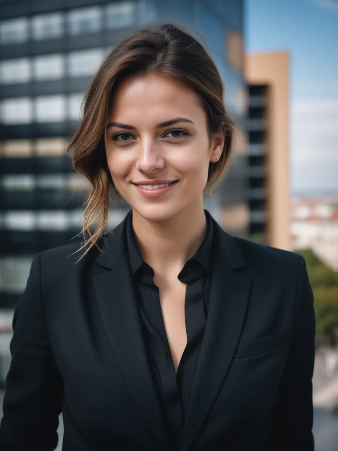 Ia photo de Femme en costume noir sur fond d'immeuble