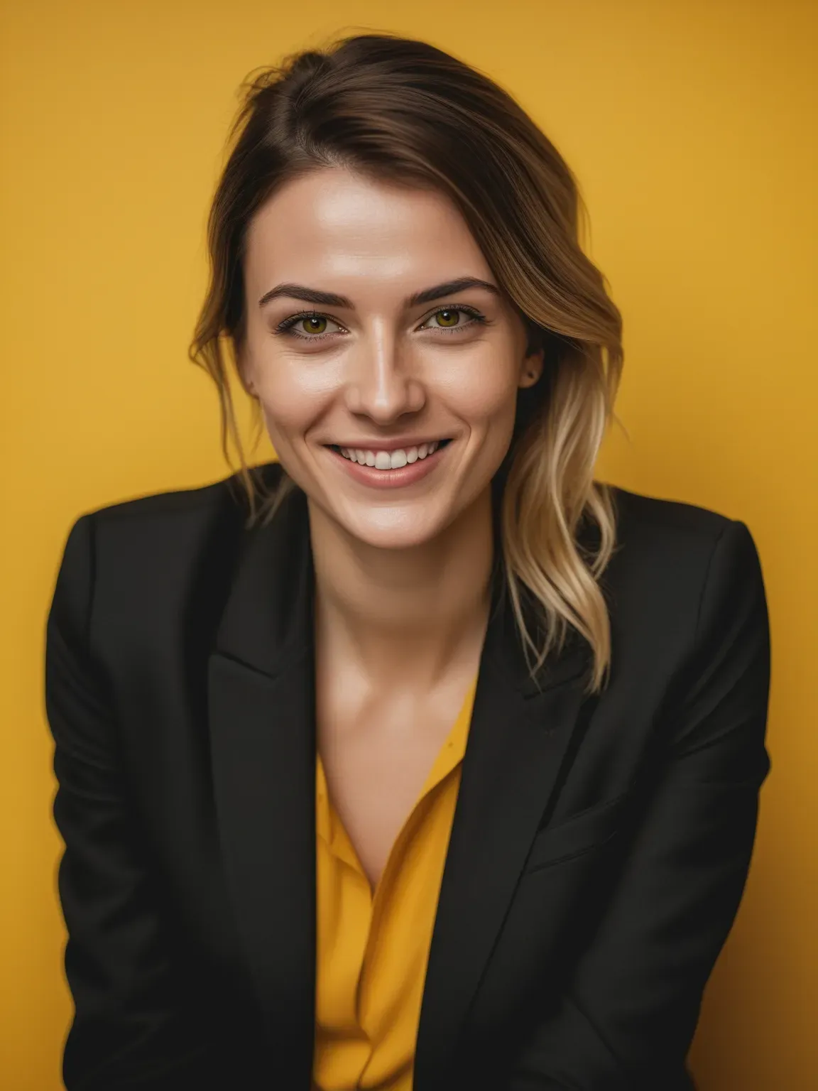 Ia photo professionnelle de Femme en costume noir sur fond jaune