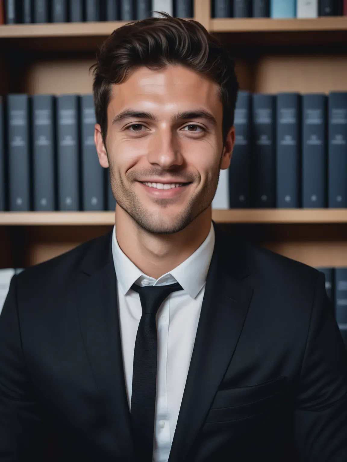 Photo professionnelle ia de Homme en costume noir sur fond de bibliothèque