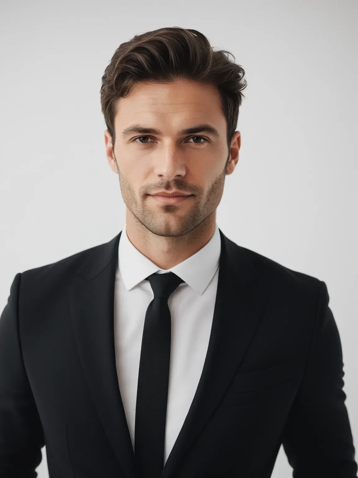 Ia photo de Homme en costume noir sur fond blanc