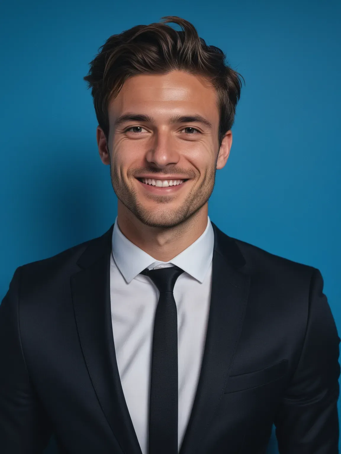 photo professionnelle ia de Homme en costume noir sur fond bleu