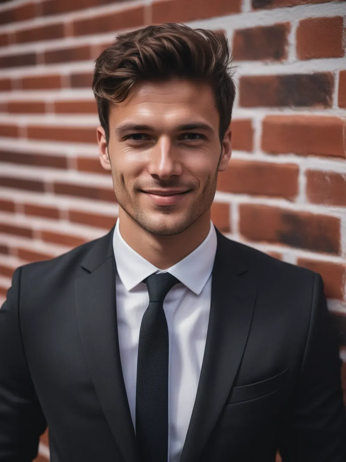 Ia photo pro de Homme en costume noir sur fond de brique rouge