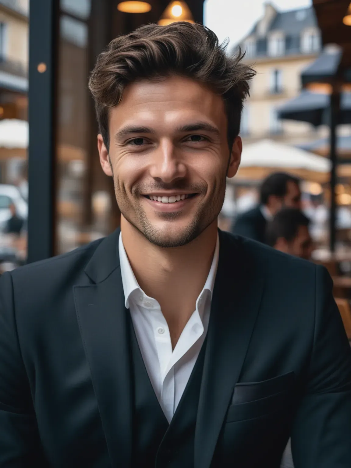 Ia photo de Homme en costume noir sur fond de café