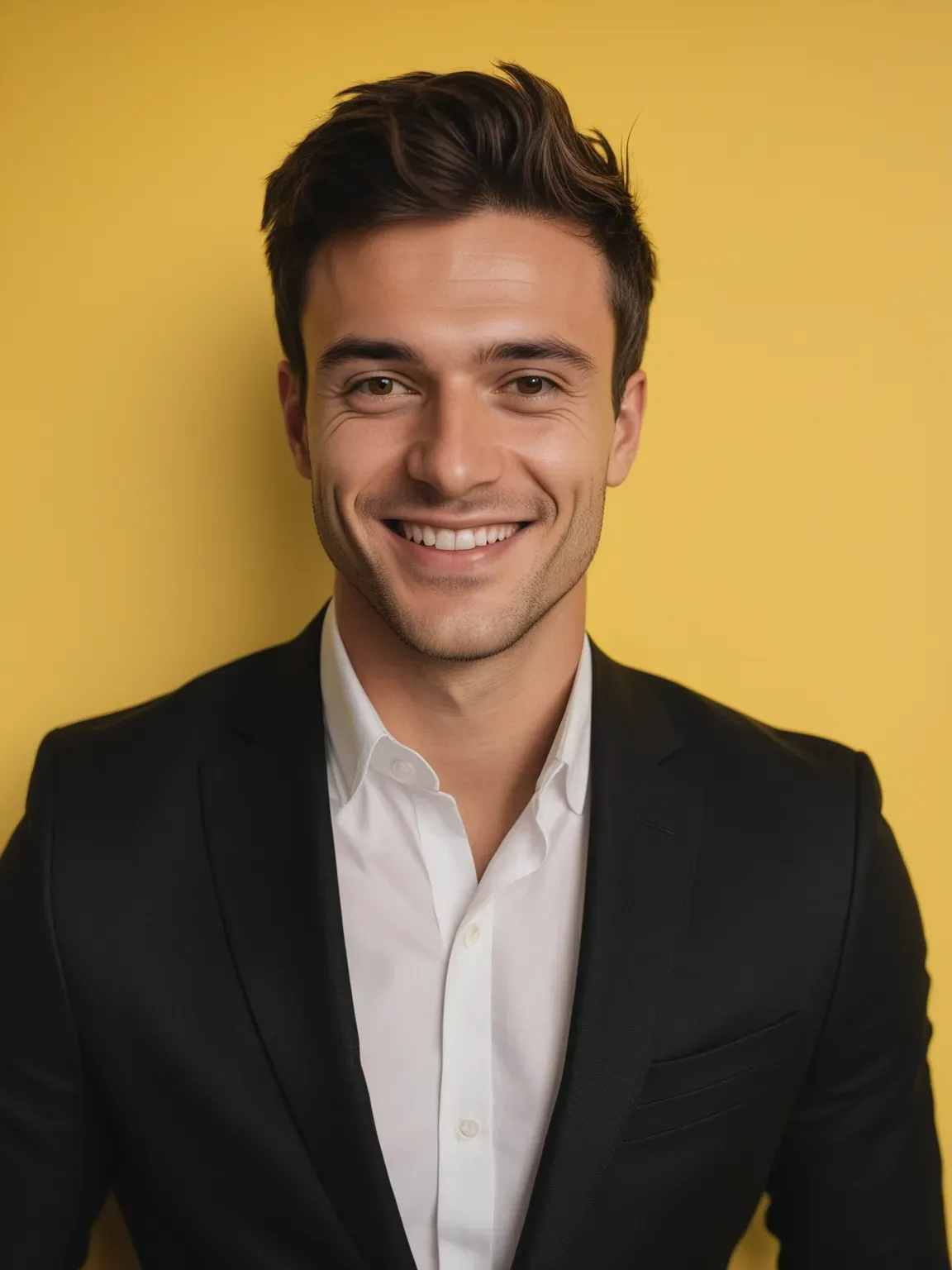 Ia photo de Homme en costume noir sur fond jaune