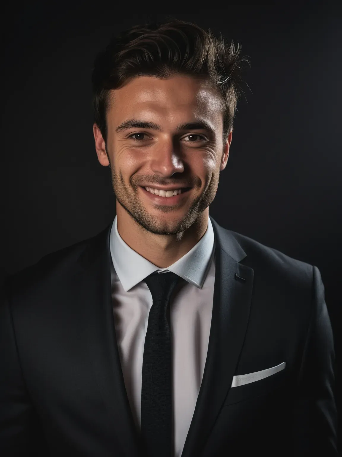 Ia photo professionnelle de Homme en costume noir sur fond noir