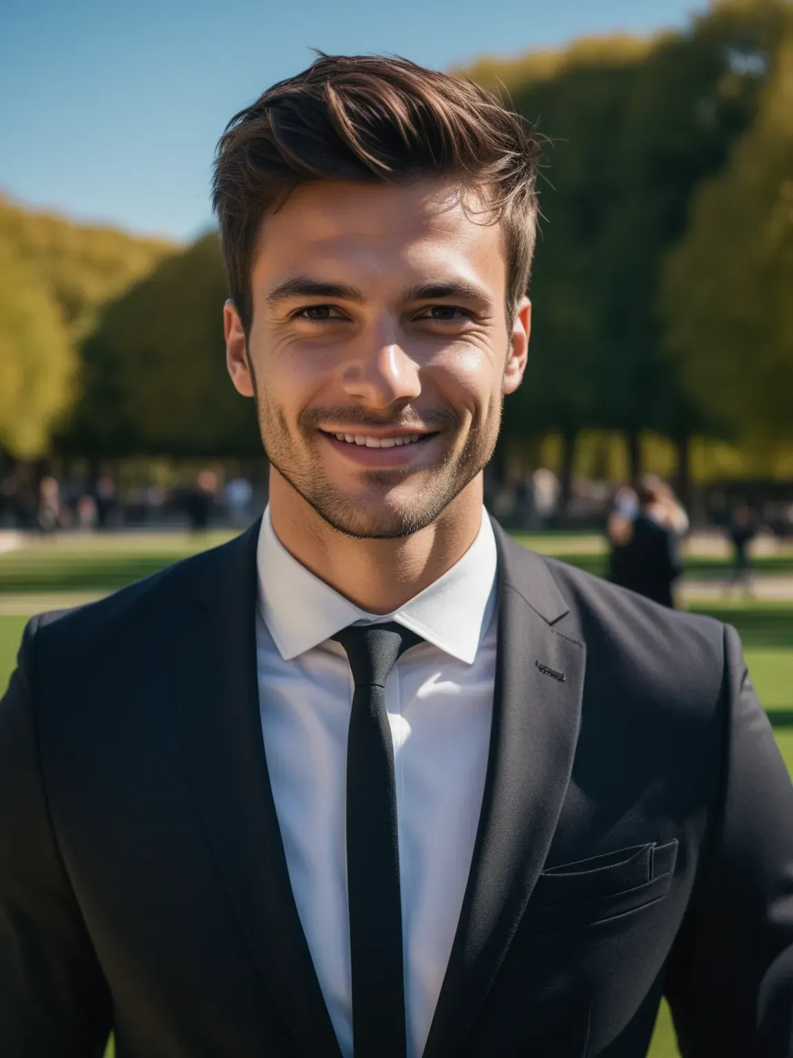 Ia photo de Homme en costume noir dans un parc