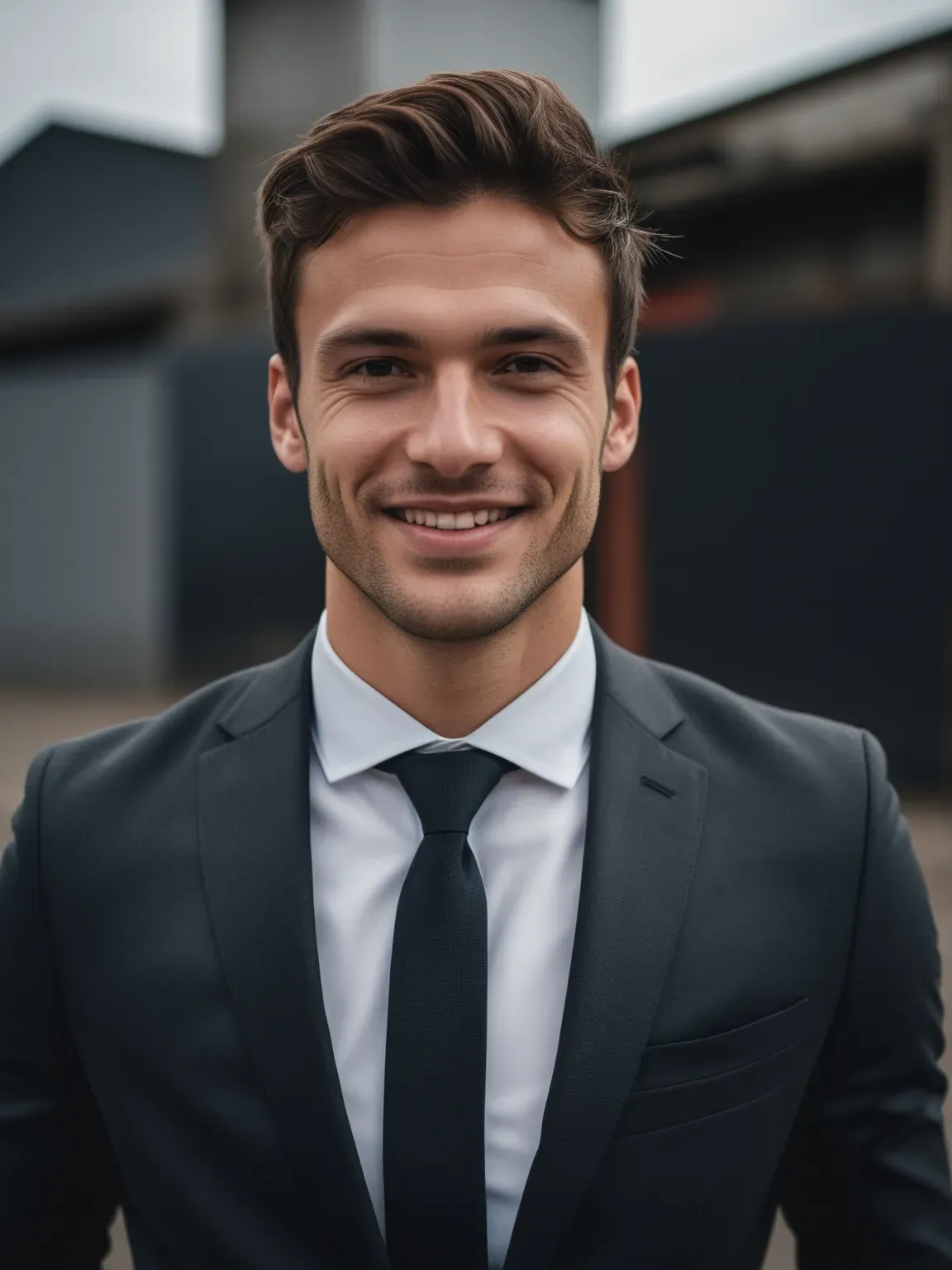 Photo professionnelle ia de Homme en costume noir sur fond d'usine