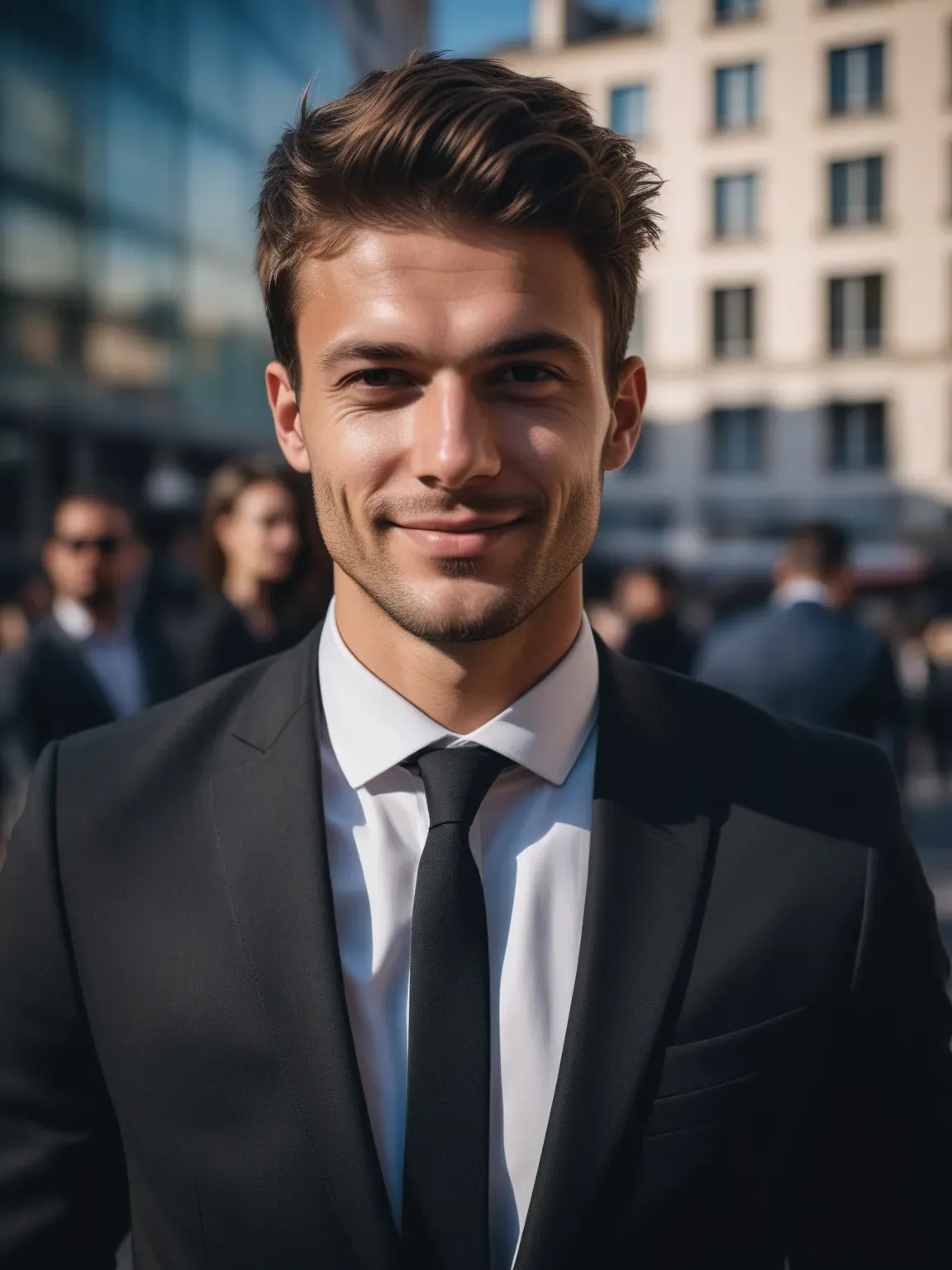 Photo professionnelle ia de Homme en costume noir avec un fond urbain