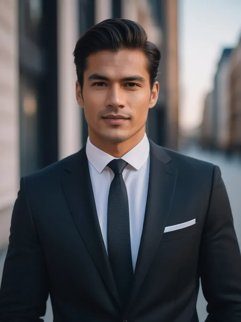 Portrait IA par PhotoMaintenant d'un utilisateur homme en costume noir devant un immeuble