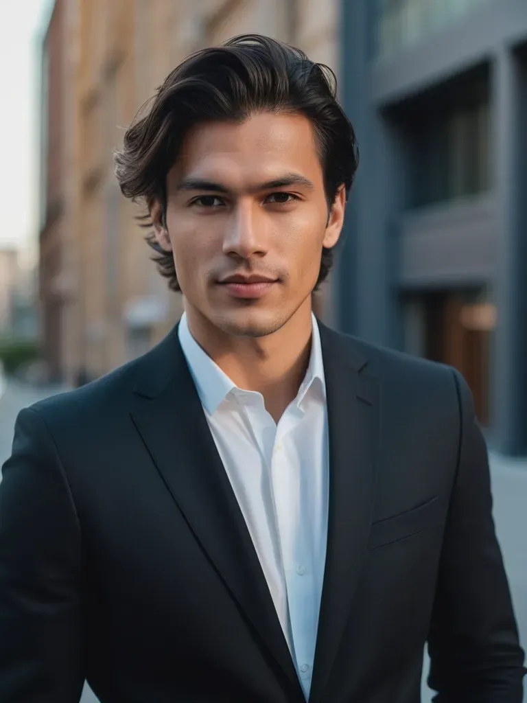 Portrait avec IA par PhotoMaintenant d'un utilisateur homme en costume noir sur fond de ville