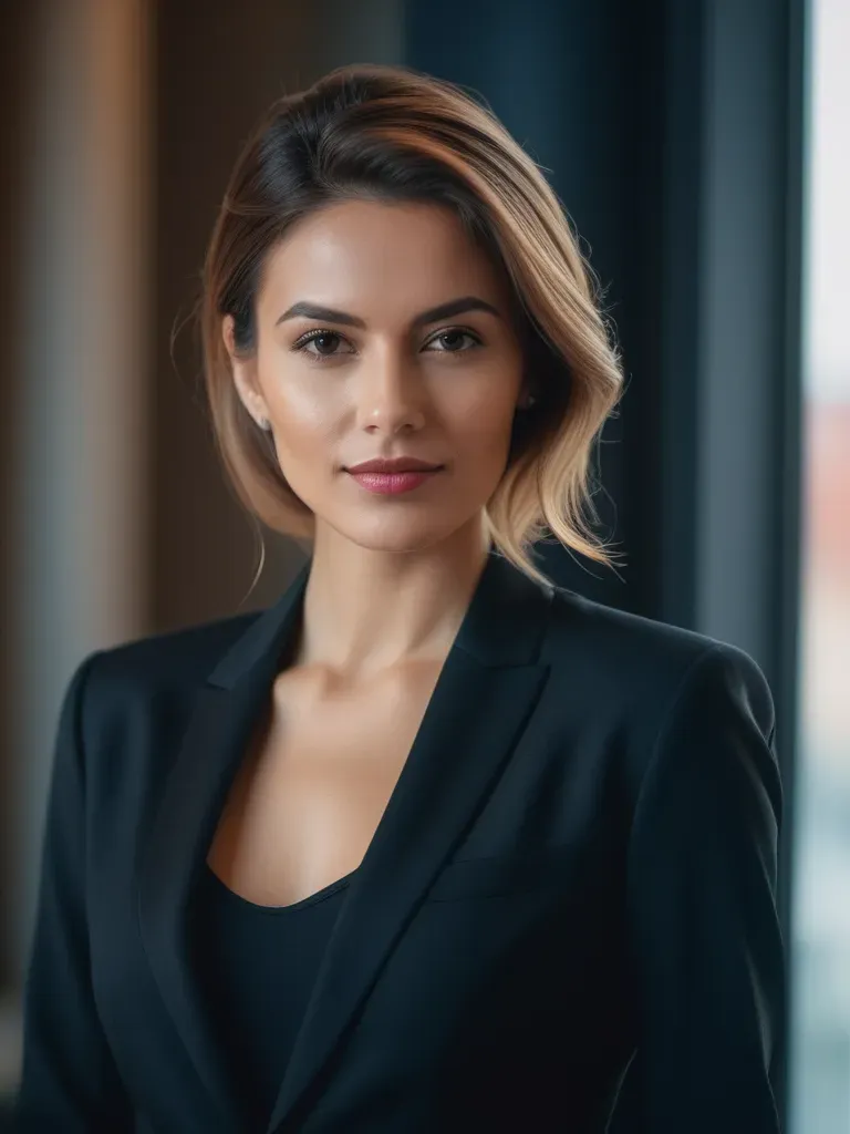 Portrait pro avec IA par PhotoMaintenant d'une utilisatrice femme en costume noir dans un bureau