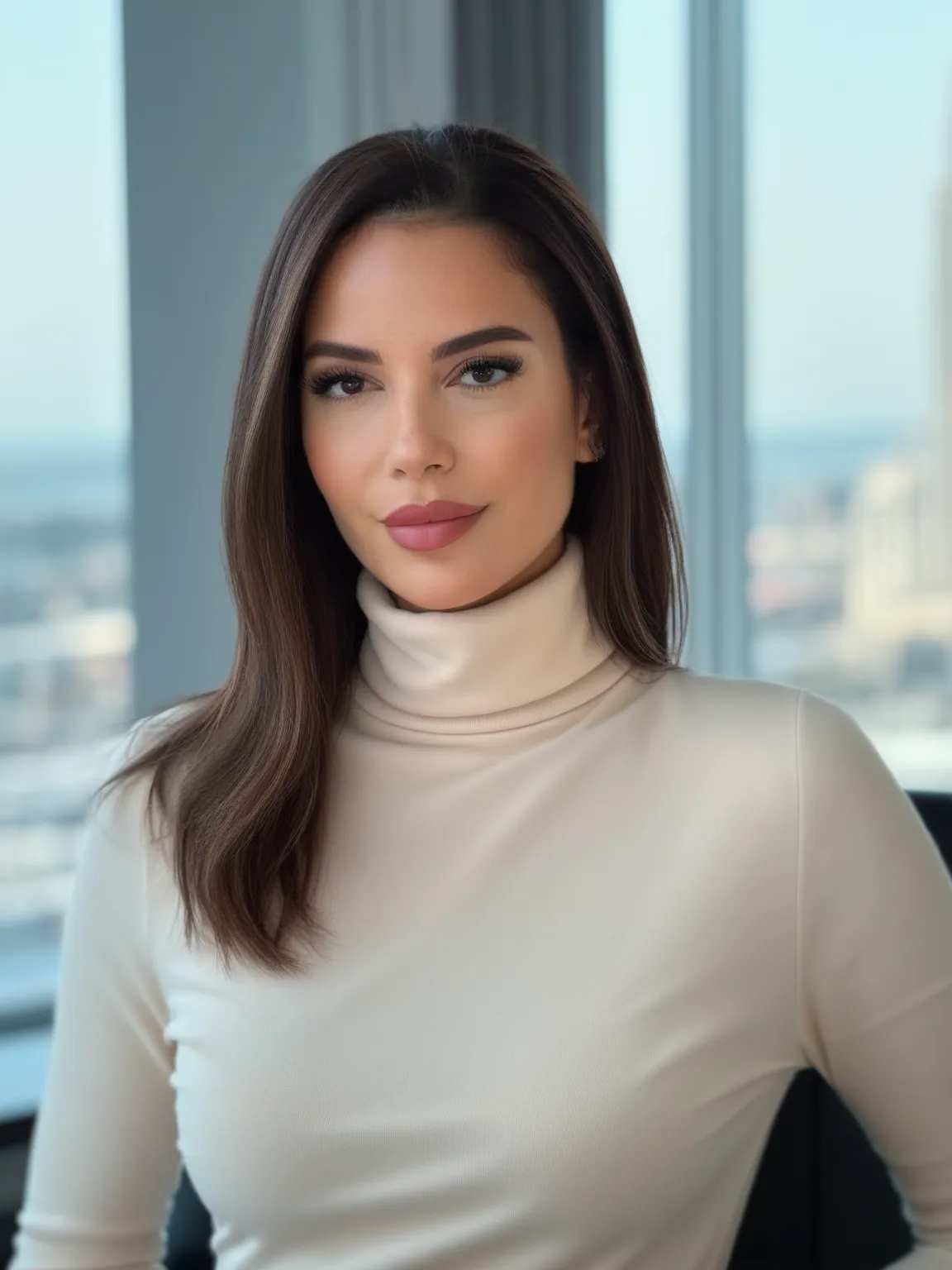 Portrait professionnel IA de femme en col roulé blanc dans un cadre de bureau