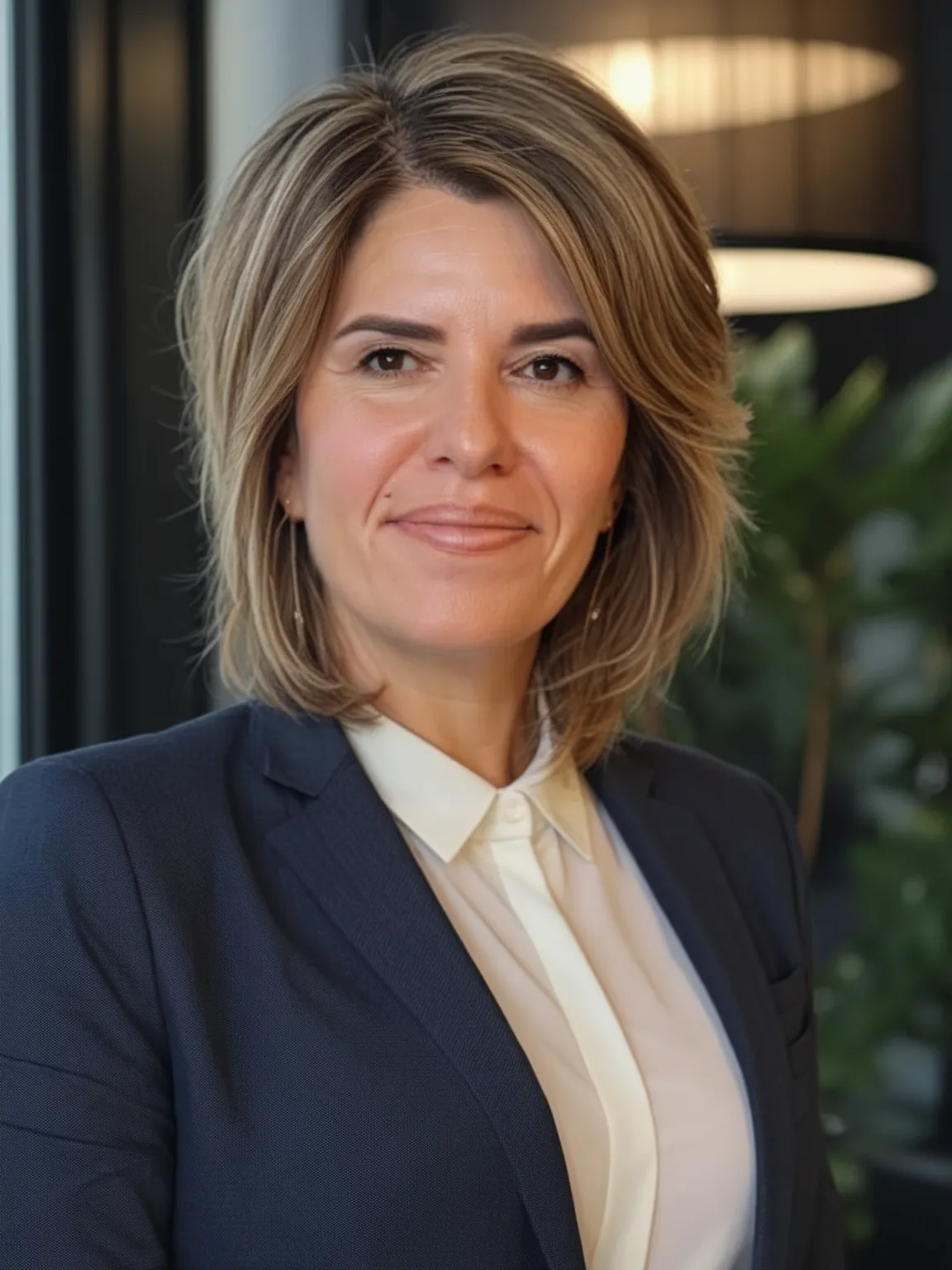 Portrait IA de femme en costume bleu dans un décor intérieur de bureau