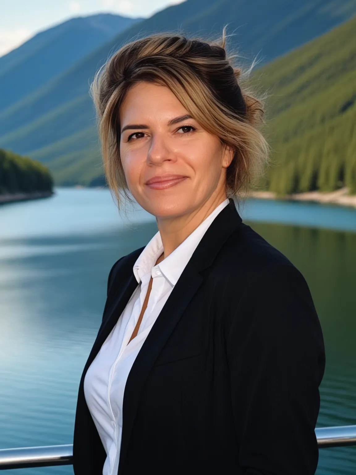 Portrait professionnel IA de femme en costume noir au bord d'un lac, généré avec PhotoMaintenant