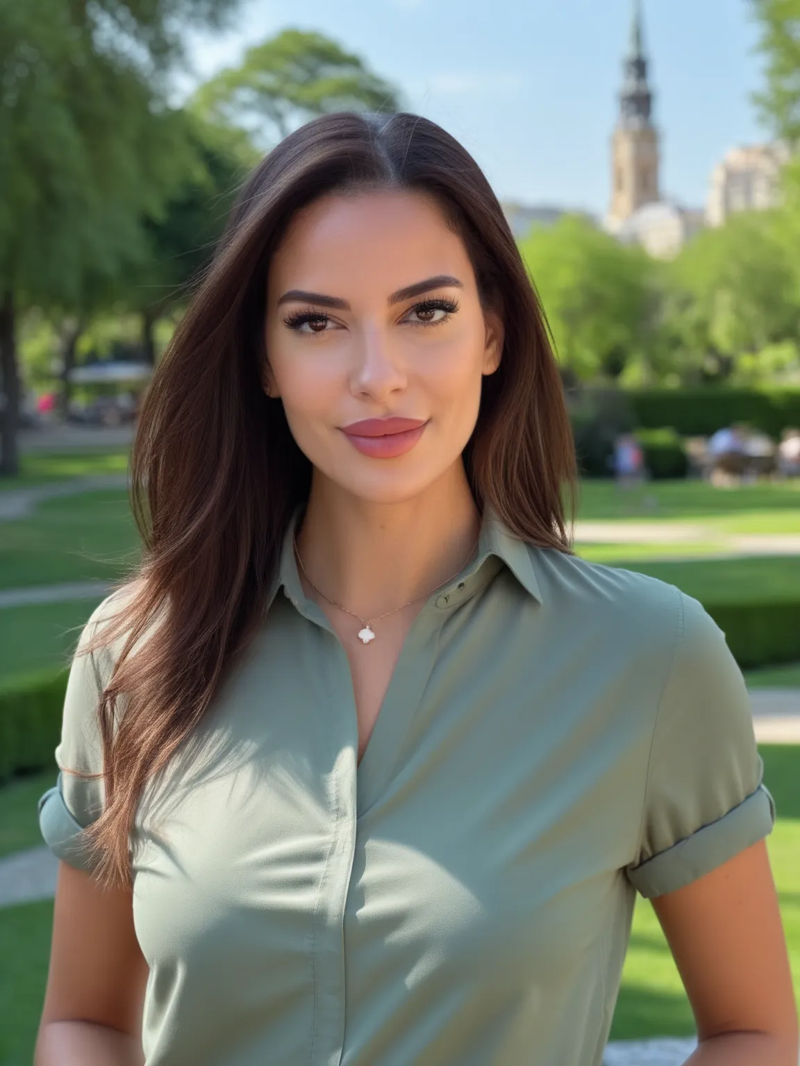 Image IA de femme en chemise verte dans un parc verdoyant