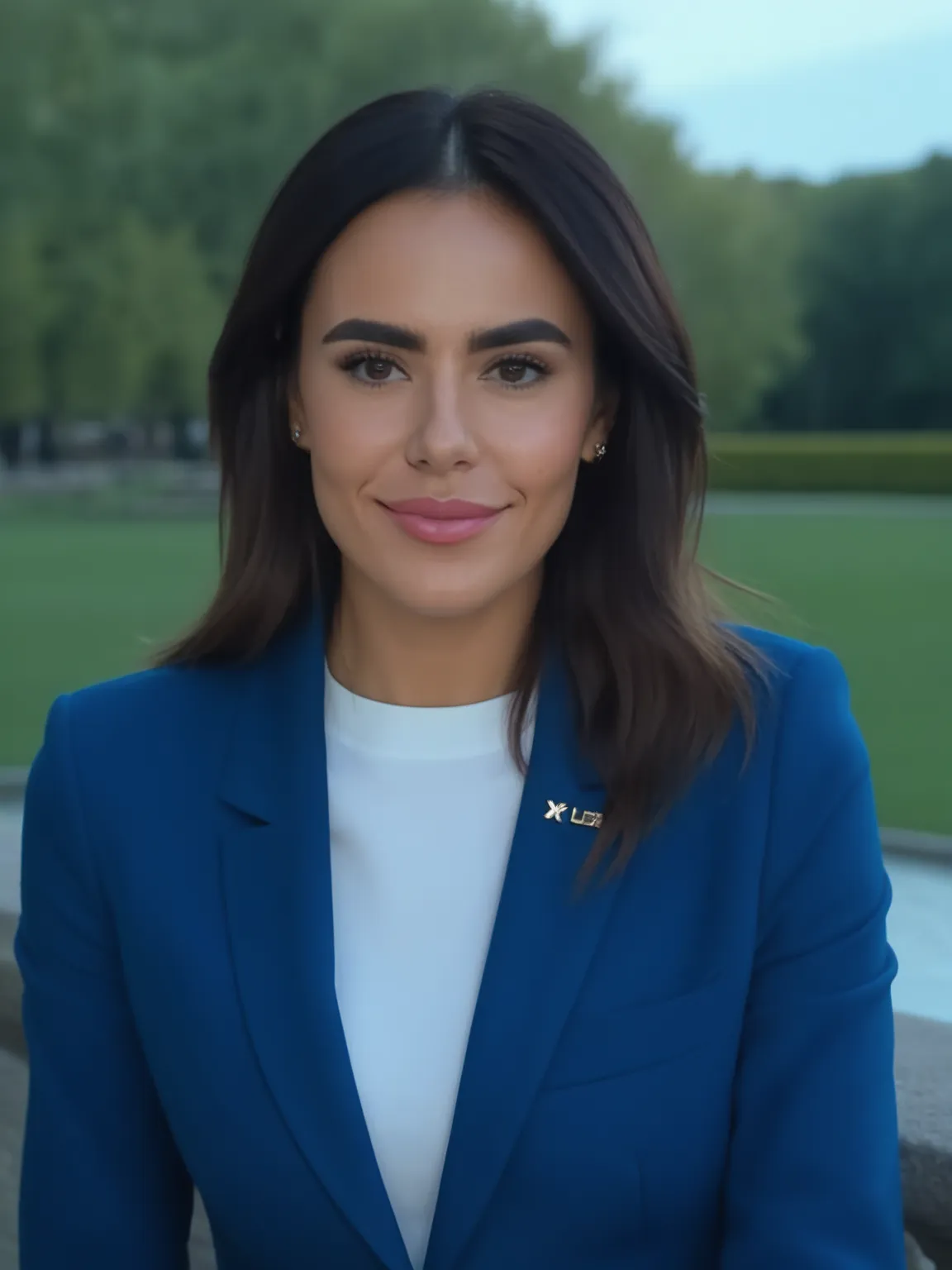 Portrait professionnel IA de femme en costume bleu dans un parc coloré