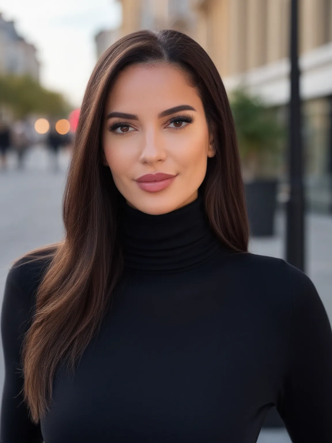 Portrait IA avec PhotoMaintenant, d'une femme en col roulé noir avec un fond de ville