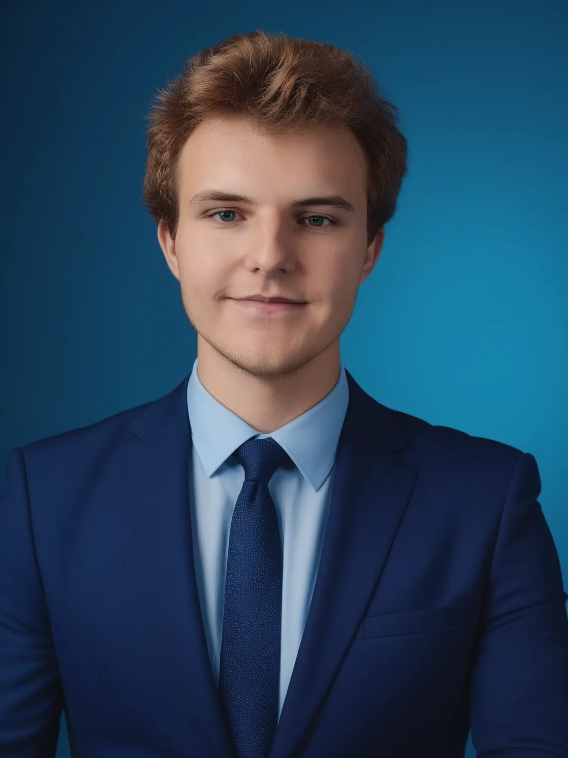 Photo professionnelle IA d'un homme en costume bleu, fond bleu par PhotoMaintenant