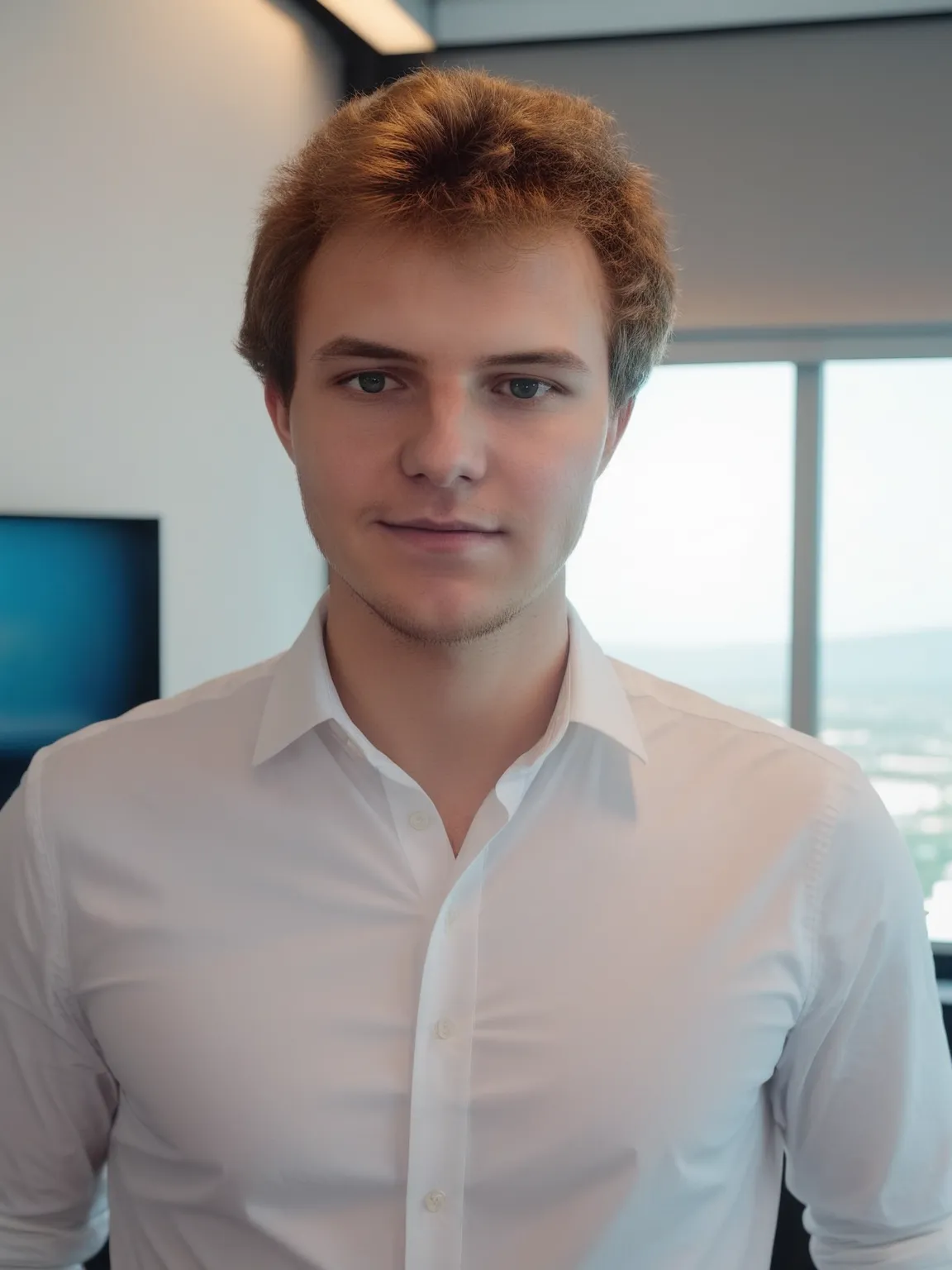 Photo pro IA d'un homme en chemise blanche dans un bureau moderne