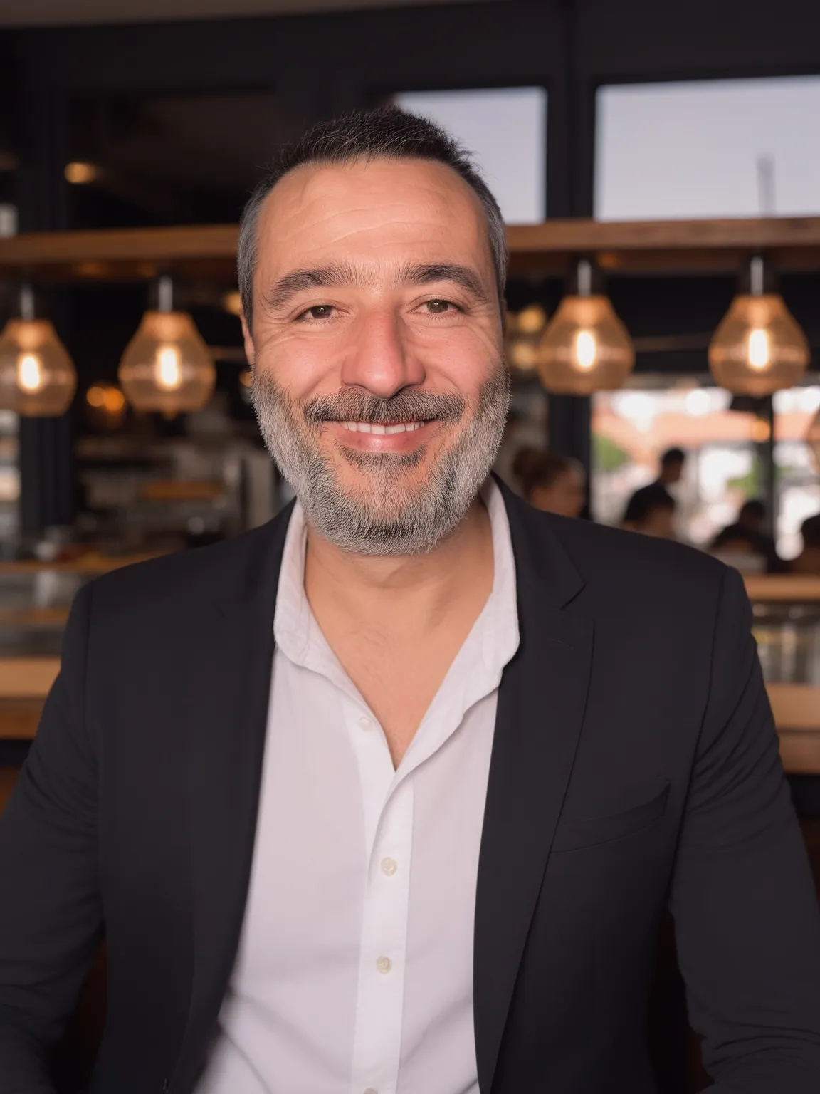 Photo pro IA d'un homme en costume noir dans un café urbain généré avec PhotoMaintenant