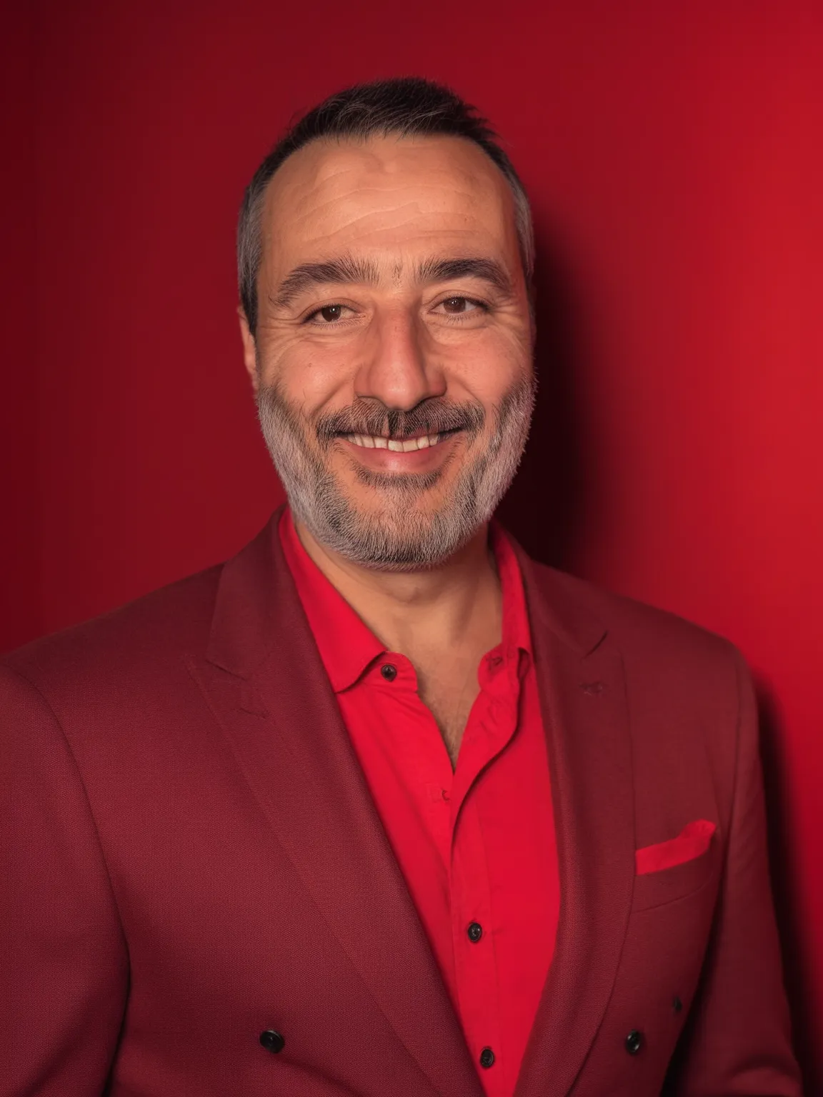 Portrait IA d'un homme en costume rouge, fond rouge par PhotoMaintenant